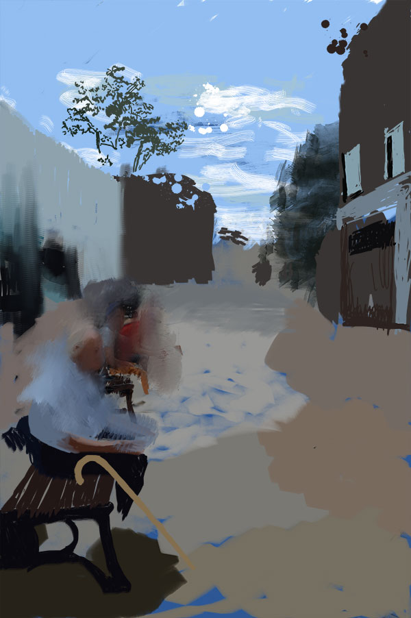 man on bench digital painting